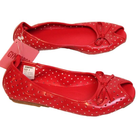 2010 Gymboree Valentine's Day Dress Shoes sz 2 Peep Toe flats Dots Bows Slip on - Picture 2 of 7